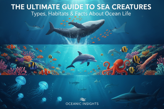 Create a features Image for the Post Named ad "The Ultimate Guide to Sea Creatures: Types, Habitats & Facts About Ocean Life" My Blog Website name is Oceanic Insights