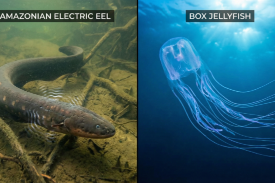 Electric eel versus jellyfish comparison showing both dangerous marine animals