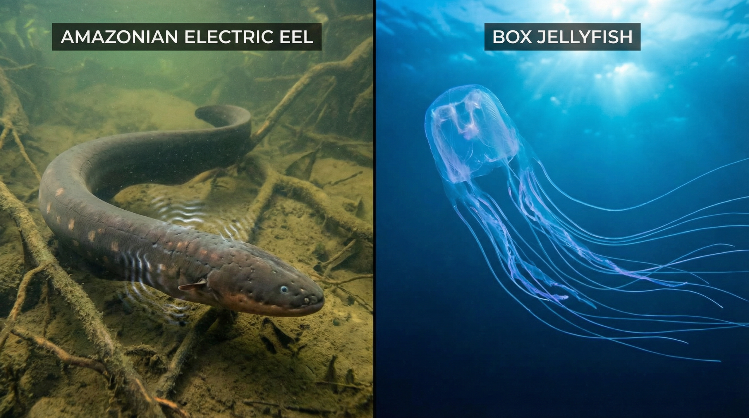 Electric eel versus jellyfish comparison showing both dangerous marine animals