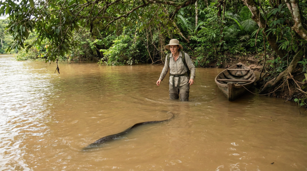 Person wading in Amazon river where electric eels are commonly found