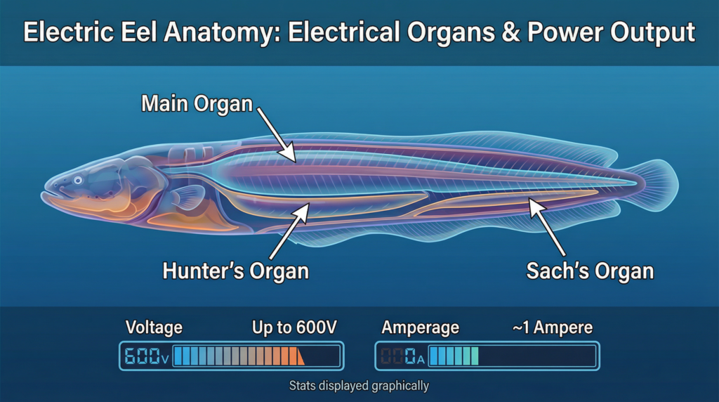 Electric eel anatomy diagram showing electrical organs that produce up to 860 volts