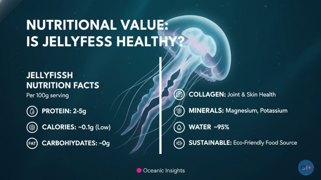  Infographic titled “Nutritional Value: Is Jellyfish Healthy?” shows a jellyfish on the right. Nutrition facts list low calories and carbs, some protein, collagen for joint health, minerals, and 95% water content. Emphasizes sustainability.