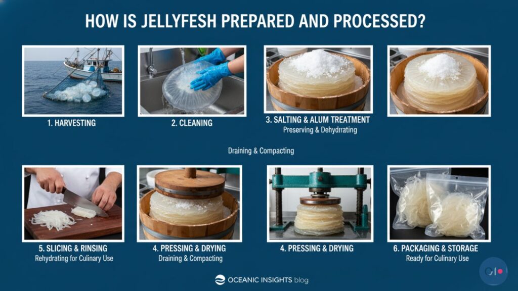  Infographic showing six steps of jellyfish preparation: 1. Harvesting with a boat net, 2. Cleaning under running water, 3. Salting and alum treatment, 4. Pressing and drying in a machine, 5. Slicing and rinsing on a cutting board, 6. Packaging in plastic bags.