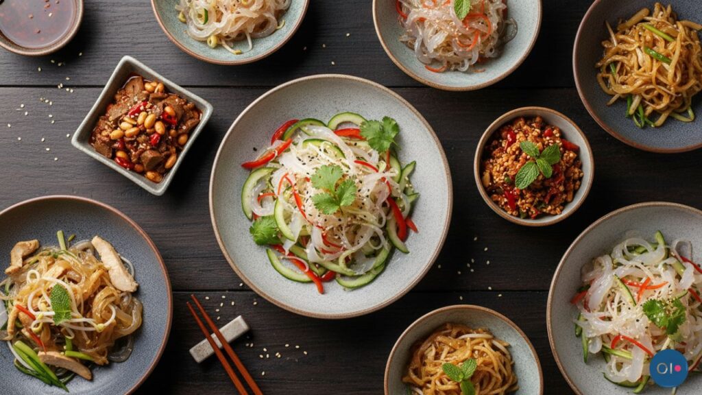 A variety of Asian noodle dishes and appetizers are elegantly arranged on a dark wooden table. The vibrant meals are garnished with fresh herbs.