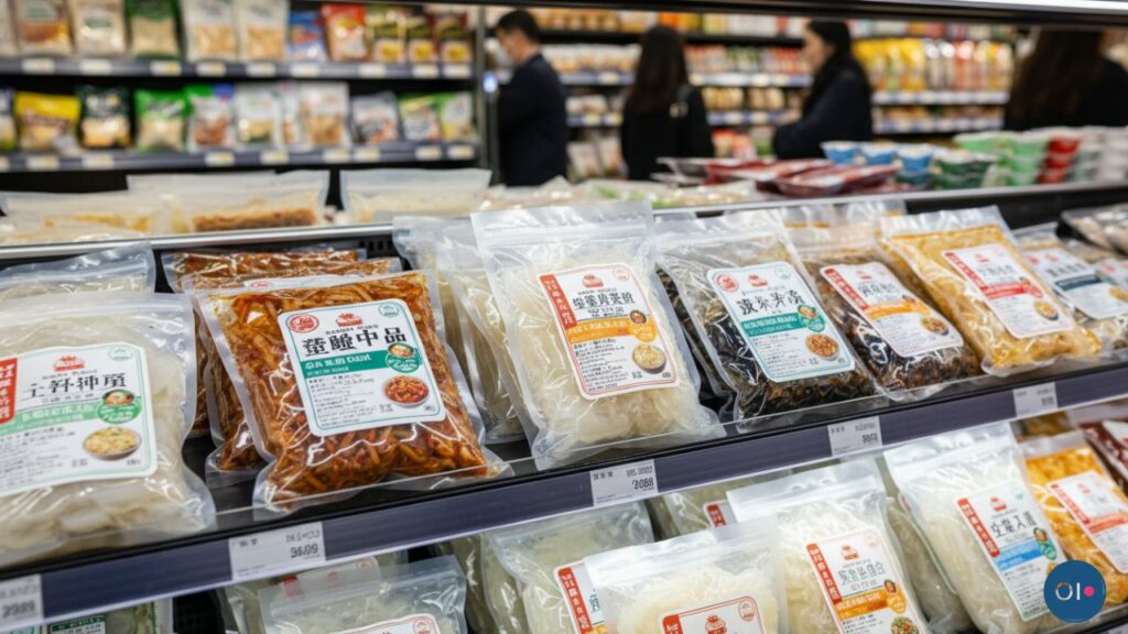 A supermarket aisle with packaged jellyfish foods on shelves, featuring colorful labels. Shoppers in the background create a busy, bustling atmosphere.
