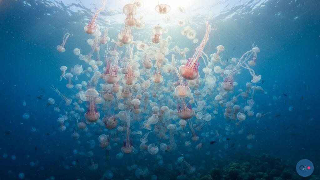 A large, graceful swarm of jellyfish with translucent bodies and pinkish tentacles floats in a sunlit, serene ocean, evoking tranquility and wonder.