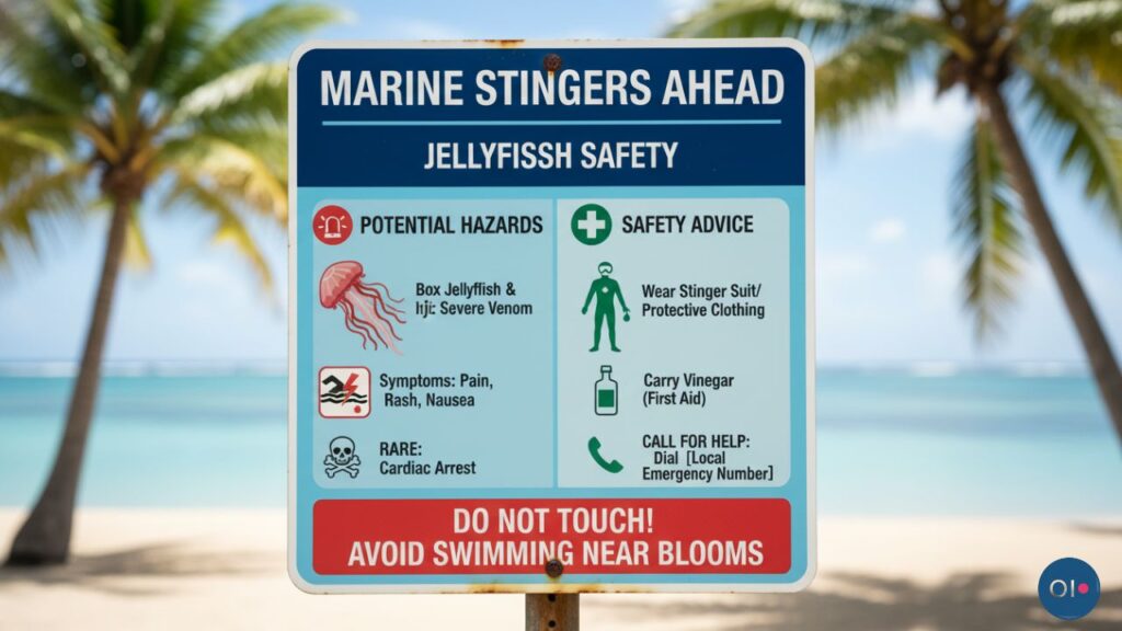 Beach warning sign about jellyfish stings. Lists potential hazards and safety advice, including protective clothing and vinegar use. Palm trees in the background.