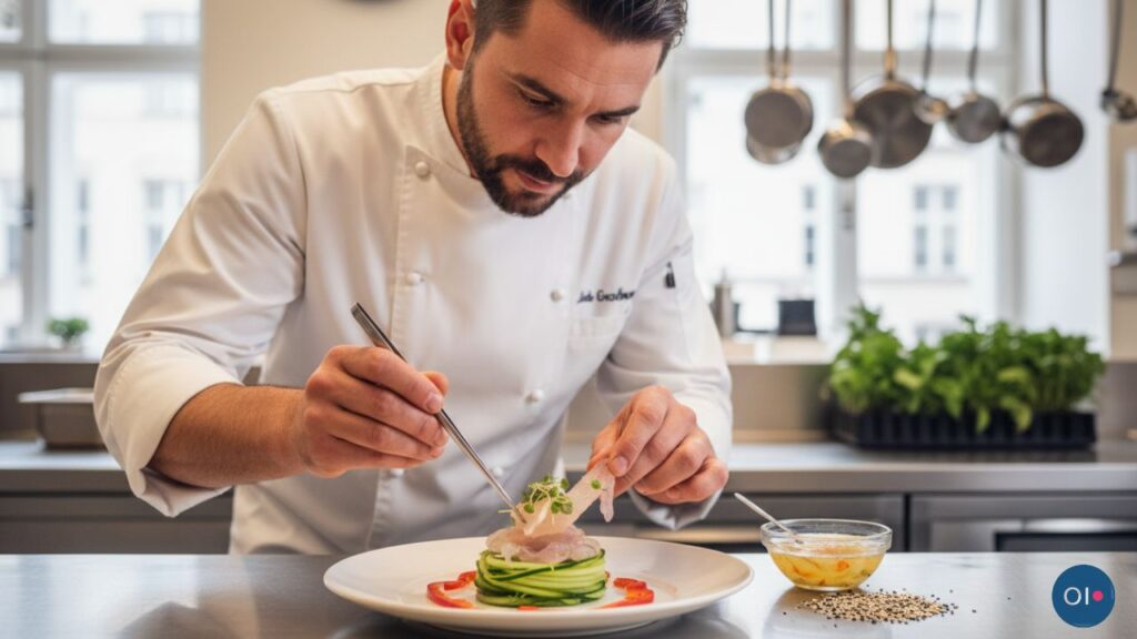 A chef in a white uniform delicately garnishes a dish with fresh herbs in a modern kitchen. The atmosphere is focused and professional.
