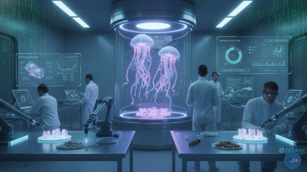 Futuristic lab with scientists in white coats studying bioluminescent jellyfish in a central tank. Holographic screens display data around the room.