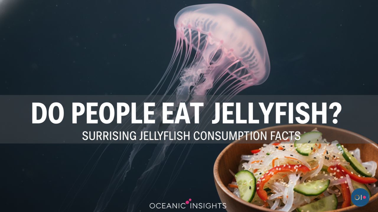 A translucent jellyfish subtly glows underwater beside a bowl of colorful jellyfish salad with cucumbers. Text reads, "Do people eat jellyfish?"
