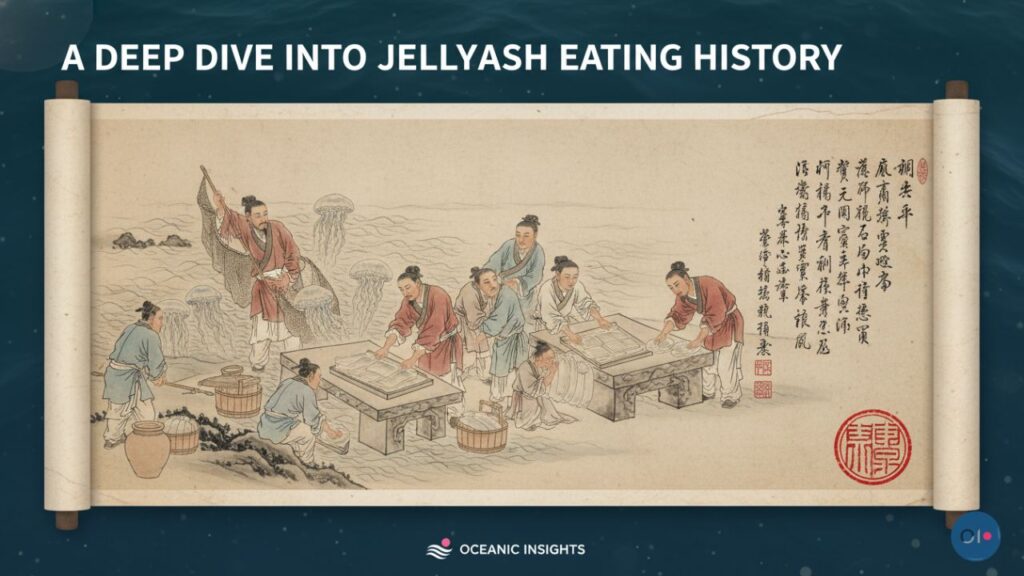 A historical scroll shows men in traditional clothing processing jellyfish by the sea. The scene is detailed and tranquil, with elegant calligraphy.