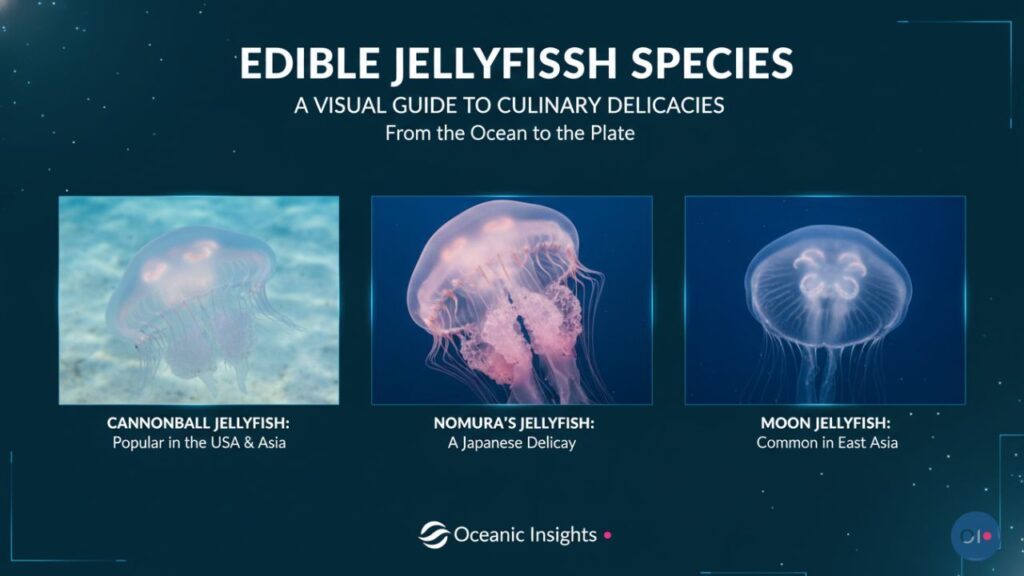 Infographic displaying three edible jellyfish species: Cannonball, Nomura's, and Moon Jellyfish. Includes origin and popularity details.