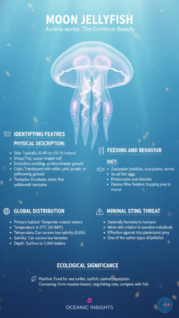 Infographic displaying facts and myths about moon jellyfish, featuring illustrations and key information.