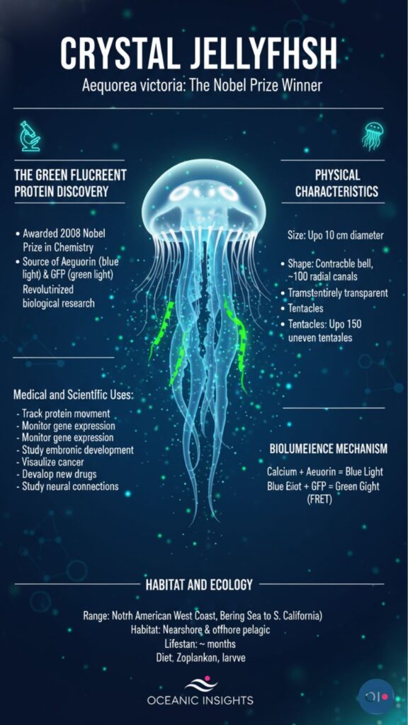 Informative poster about crystal jellyfish, featuring illustrations and details on their biology and ecological role.