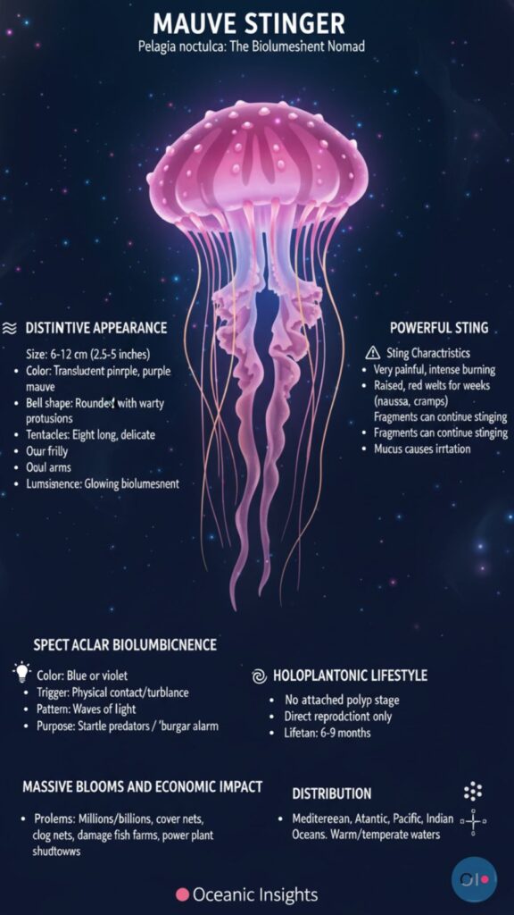 A mauve stinger jellyfish, characterized by its purple hue and trailing tentacles, drifts through the ocean.