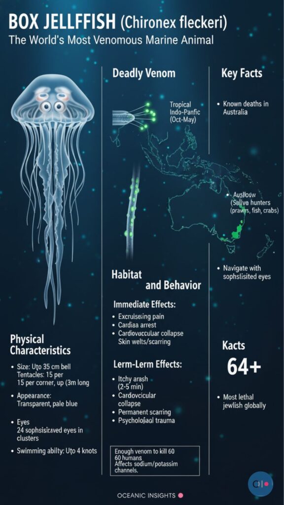 Infographic about the Box Jellyfish, highlighting it as the world's most venomous marine animal. Features an image of the jellyfish, details its deadly venom, physical traits, and habitat in the tropical Indo-Pacific. Lists effects of stings, key facts, and a map showing distribution. Conveys danger and scientific insight.