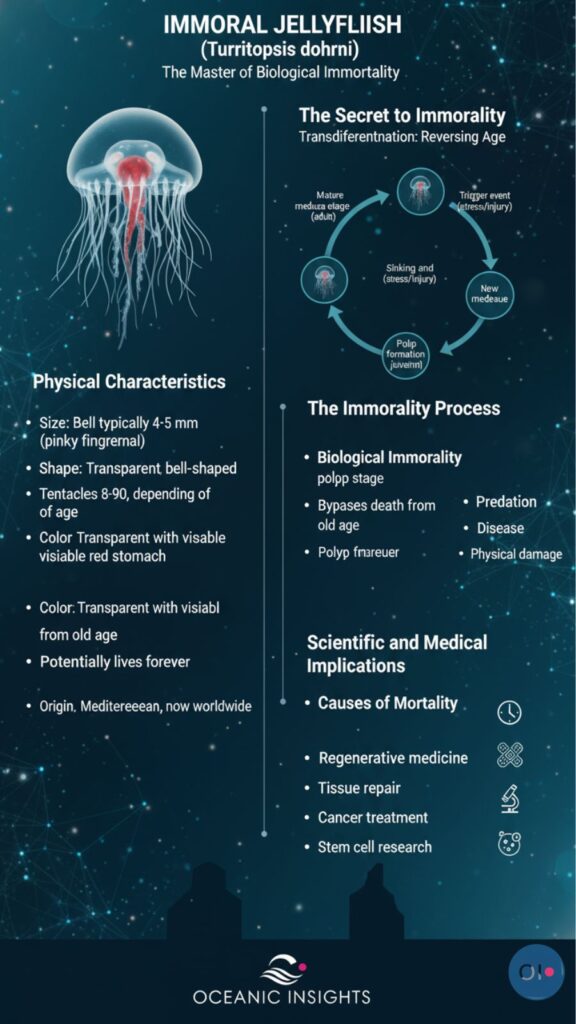 Infographic titled "Immortal Jellyfish" with an image of Turritopsis dohrnii. Details physical traits, the immortality process, and scientific implications. Blue background with abstract design