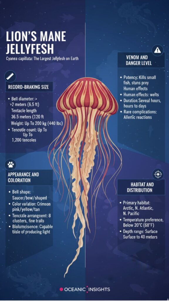  A lion's mane jellyfish, characterized by its large, frilly mane and tentacles, swimming in a vibrant underwater scene.